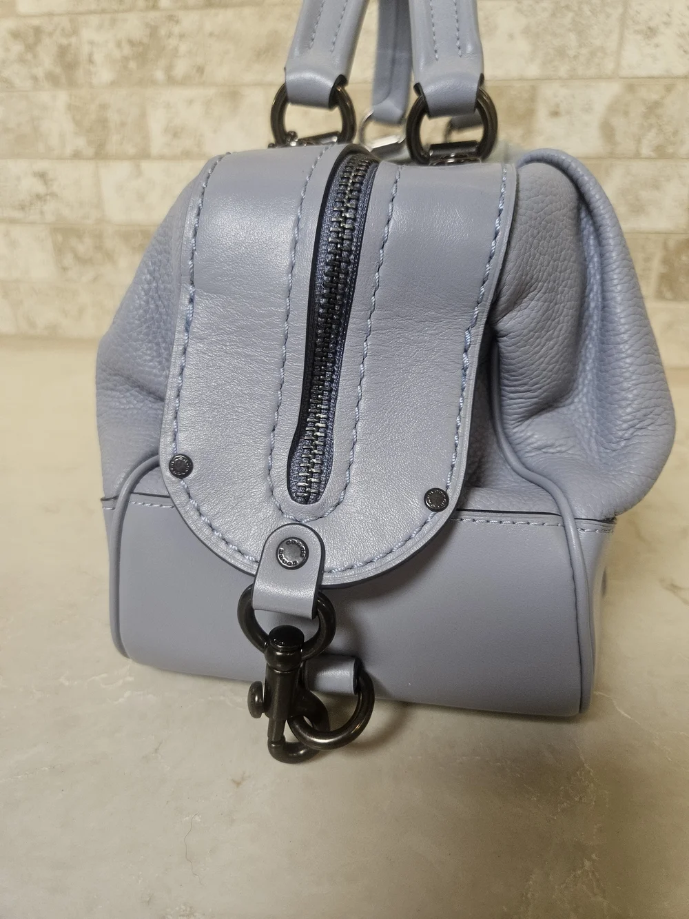 COACH Pebble Leather Lane Satchel Crossbody Shoulder Bag in Mist Blue